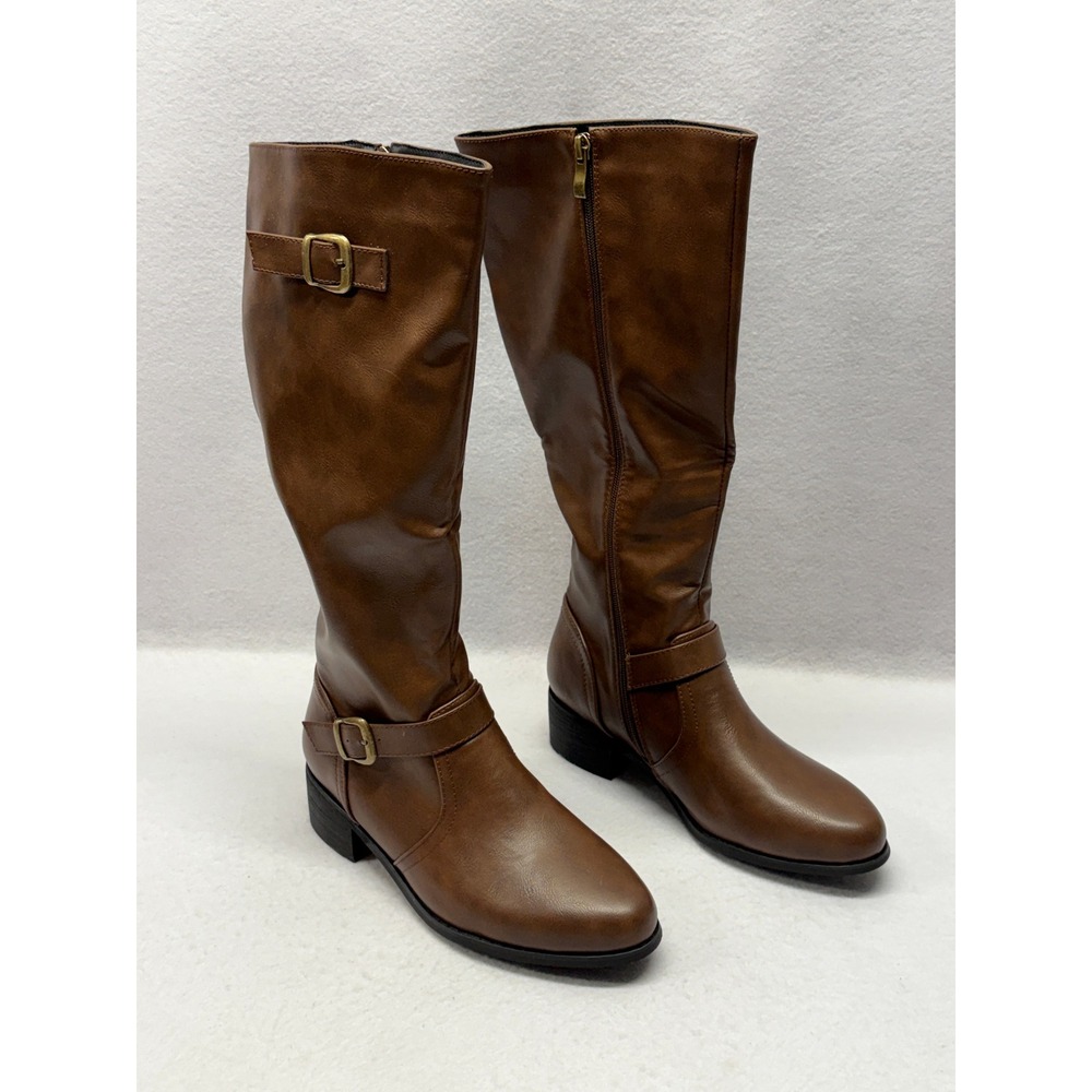 Brown Faux Leather Tall Riding Boots Buckle Detail Side Zip Size 38 (7.5)